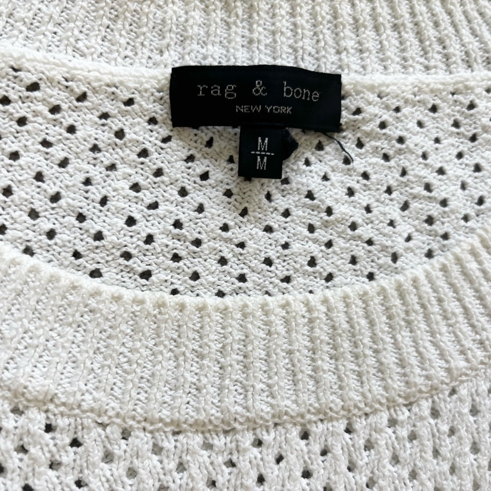 RAG & BONE White Crew Neck Sweater with Perforated/Open Knit Texture Trendy Chic - Picture 2 of 7